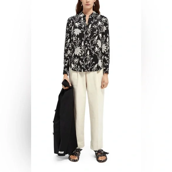 Scotch & Soda Floral Print Button Down Shirt Women's Medium Black White - Picture 2 of 15